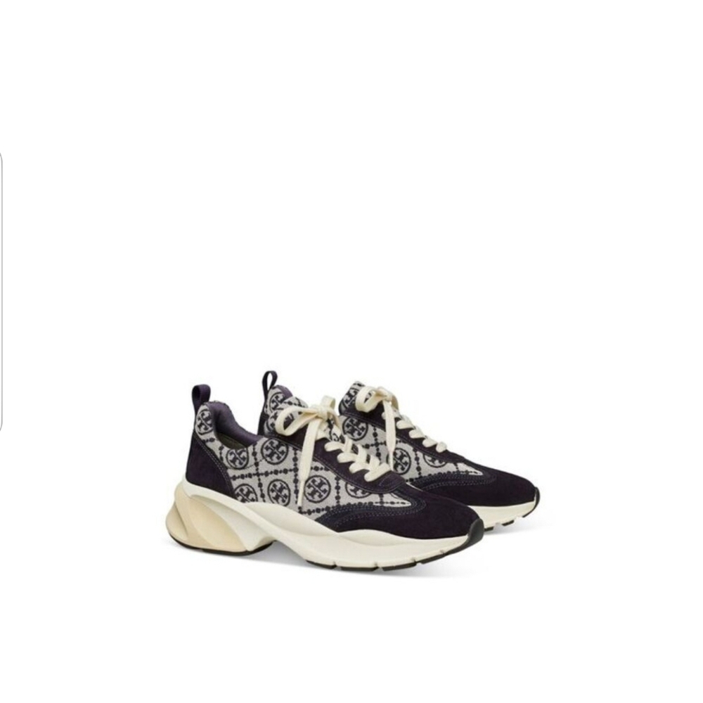 Tory Burch Logo Print Monogram Stylish Blue and Cream Women's Sneakers